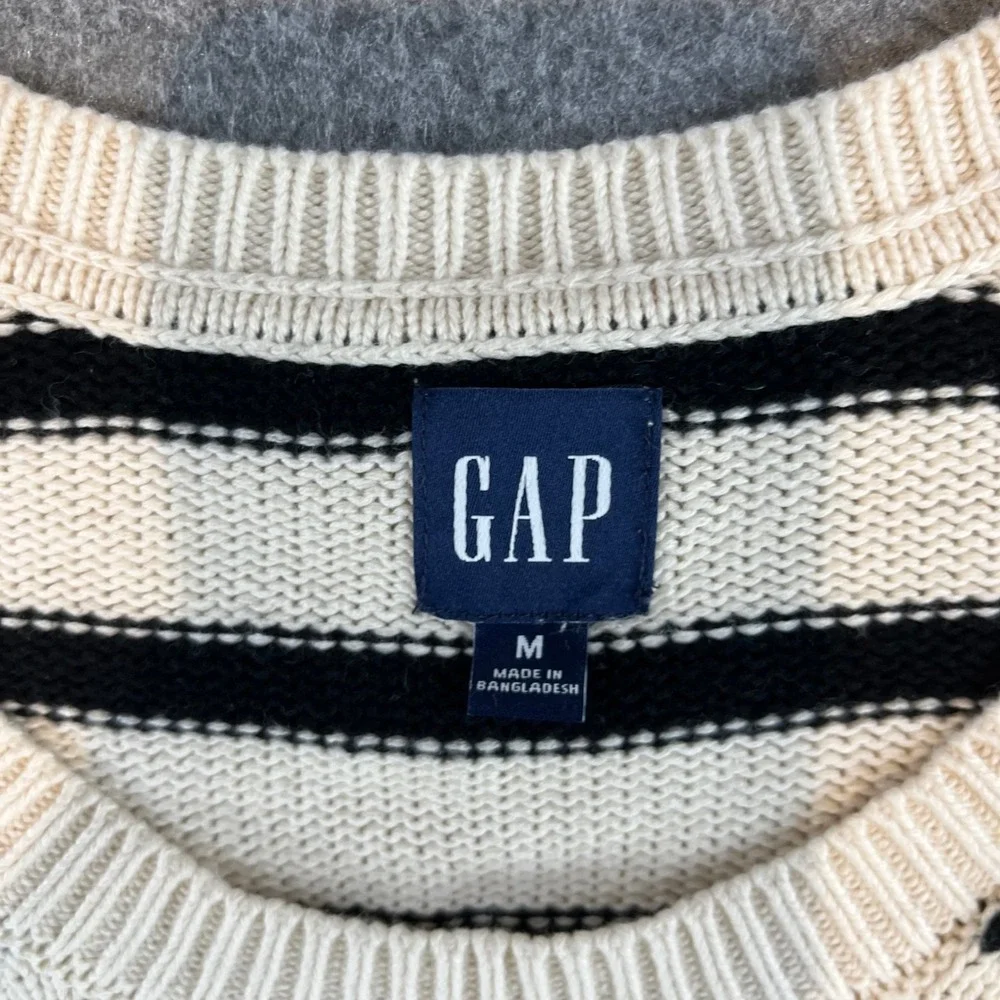 Gap Women Striped Crewneck Sweater Cream Black Coastal Preppy Medium Cotton Knit